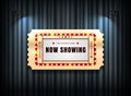 Theater sign ticket on curtain with spotlight background Royalty Free Stock Photo