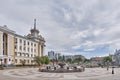 Theater Square, color music fountain, Radio House, Lenin street. Ulan-Ude, Russia. Royalty Free Stock Photo