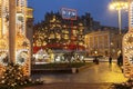 Theater Square in Moscow overlooking the Central Universal store on a winter Christmas evening,