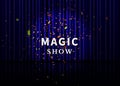 Theater stage with blue curtain, spotlight, reflection and confetti. Magic Show poster. Vector