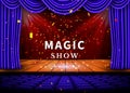 A theater stage with a blue curtain and a spotlight and wooden floor. Magic Show poster. Vector