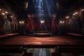 theater stage with closed curtains and empty orchestra pit