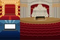 Theater stage with curtains entertainment spotlights theatrical scene interior old opera performance background vector Royalty Free Stock Photo