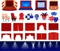 Theater stage decoration vector illustration set, cartoon flat theatre decorative items collection with red curtains