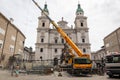 A theater stage at Domplatz Cathedral Square preparation for Salzburg Festival Salzburger Festspiele.