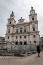 A theater stage at Domplatz Cathedral Square preparation for Salzburg Festival Salzburger Festspiele.