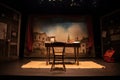 theater stage with empty directors chair and script on table