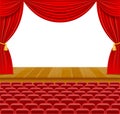 Theater stage in the hall with curtains and armchairs for the audience