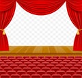 Theater stage in the hall with curtains and armchairs for the audience