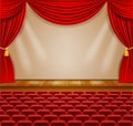 Theater stage in the hall with curtains and armchairs for the audience