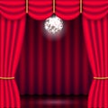 Theater stage, red curtain and mirror ball Royalty Free Stock Photo