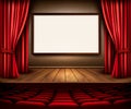 A theater stage with a red curtain, seats and a project board. Royalty Free Stock Photo