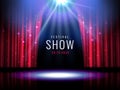 Theater stage with red curtain and spotlight Vector festive template with lights and scene. Poster design for concert Royalty Free Stock Photo