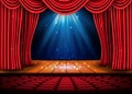 A theater stage with a red curtain and a spotlight and wooden floor. Festival Night Show poster. Vector Royalty Free Stock Photo