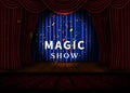 A theater stage with a red curtain and a spotlight and wooden floor. Magic Show poster. Vector Royalty Free Stock Photo