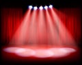 Theater stage with red curtain. Vector illustration. Royalty Free Stock Photo
