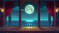 Theater stage with red curtains, flooring, and columns. Modern cartoon illustration of night seascape with full moon Royalty Free Stock Photo