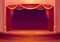 Theater stage with red curtains and on light. Vector cartoon illustration of theatre interior with empty wooden scene Royalty Free Stock Photo