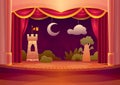 Theater stage with red curtains and on light. Vector cartoon illustration of theatre interior with empty wooden scene Royalty Free Stock Photo