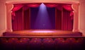 Theater empty stage with red curtains, spotlights