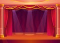 Theater stage with red curtains and spotlights. Theatre interior with empty wooden scene and luxury drapes decoration Royalty Free Stock Photo