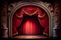 Theater stage with red curtains and spotlights. Theatrical scene in the light of searchlights, the interior of the old