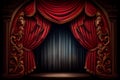 Theater stage with red curtains and spotlights. Theatrical scene in the light of searchlights, the interior of the old