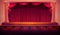 Theater stage with red curtains, theatre seats