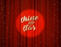 Theater stage with red heavy curtain with golden text and stars. Royalty Free Stock Photo