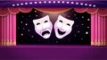 A theater stage with a red open curtain and with comedy and tragedy theatre masks. Vector template illustration