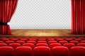 Theater stage with wooden floor and open red curtains