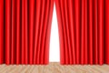 Theater stage with wooden floor and red curtains. Theater, opera scene drape backdrop, concert grand opening or cinema premiere Royalty Free Stock Photo