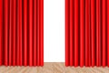 Theater stage with wooden floor and red curtains. Theater, opera scene drape backdrop, concert grand opening or cinema premiere Royalty Free Stock Photo