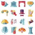 Theatre acting performance flat icons set