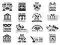 Theatre badges. Broadway emblem entertainment show party vintage logo cinema symbols recent vector illustrations