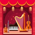 Theatre and classical music concert stage, vector flat illustration. Music instruments on scene podium Royalty Free Stock Photo
