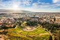 Theatre of Dionysus with sun - view from Acropolis Hill of Athens, Greece