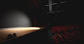 Theatre with empty stage in spotlight. Red theater curtain and seats Royalty Free Stock Photo