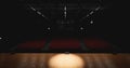 Theatre with empty stage in spotlight. Red theater curtain and seats Royalty Free Stock Photo