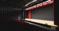 Theatre with empty stage in spotlight. Red theater curtain and seats Royalty Free Stock Photo