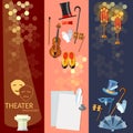 Theatre flat banner set with actors scenario decorations