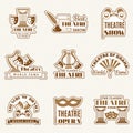 Theatre logo. Cinema entertainment show elements theatre badges drama and comedy mask recent vector set