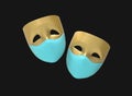 Theatre masks, drama and comedy on medical masks on a dark background.