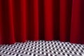 Theatre scene with red velvet curtain and black and white tile on floor. Stage for displaying product in twin peaks style. Royalty Free Stock Photo