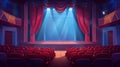 Theatre stage and auditorium. Interior of a theater with an empty wood set, red curtains and spotlights, modern cartoon Royalty Free Stock Photo