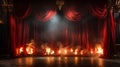 Flame Lit Theatre Stage With Red Velvet Curtains Catching Fire. Generative AI