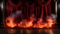 Burning Theatre Stage With Red Velvet Curtains On Fire. Generative AI
