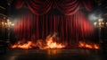 Candelabras on a Theatre Stage with Red Velvet Curtains On Fire. Generative AI