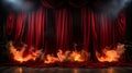 Firey Theatre Stage With Red Velvet Curtains In Flames. Generative AI