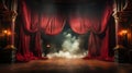 Smokey Theatre Stage With Red Velvet Curtains. Generative AI